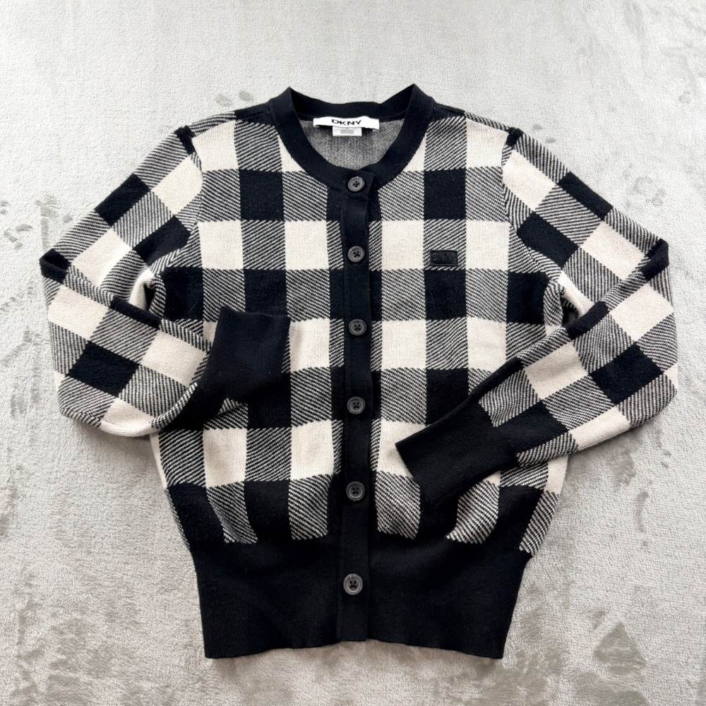 DKNY Womens Small Buffalo Plaid Cardigan Sweater Black White Checkered Button Up